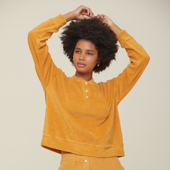 DONNI. Terry Henley Sweatshirt Honey Medium NWT Relaxed - Picture 3 of 15